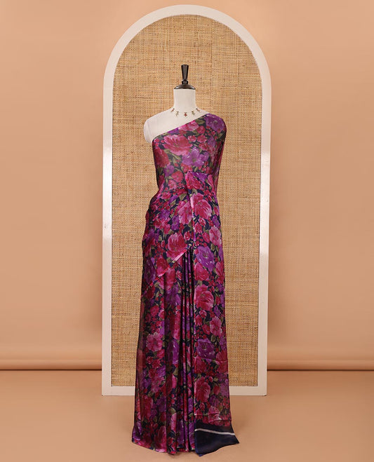 Borderless navy blue floral printed light weight chiffon saree with plain blouse