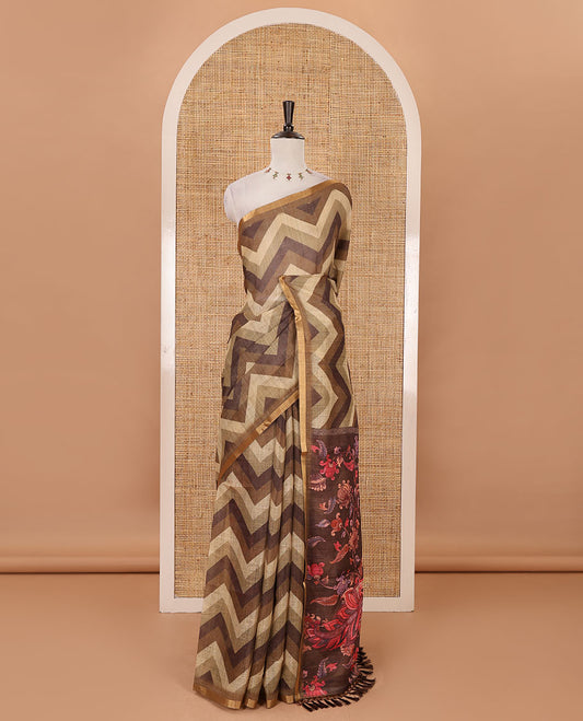 Brown zig-zag stripes printed linen cotton saree, piping zari border, kalamkari floral-peacock printed pallu & contrast printed blouse