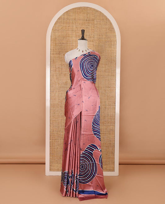 Borderless onion pink batik-style spiral printed satin crepe saree, printed pallu & matching printed blouse