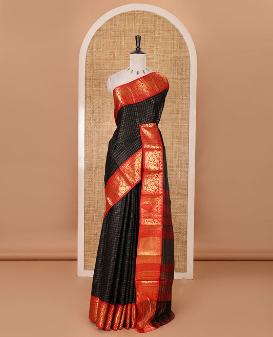 Navy blue zari checked semi-taffeta silk saree, contrast deer motifs zari woven temple border, striped pallu & contrast striped zari border blouse