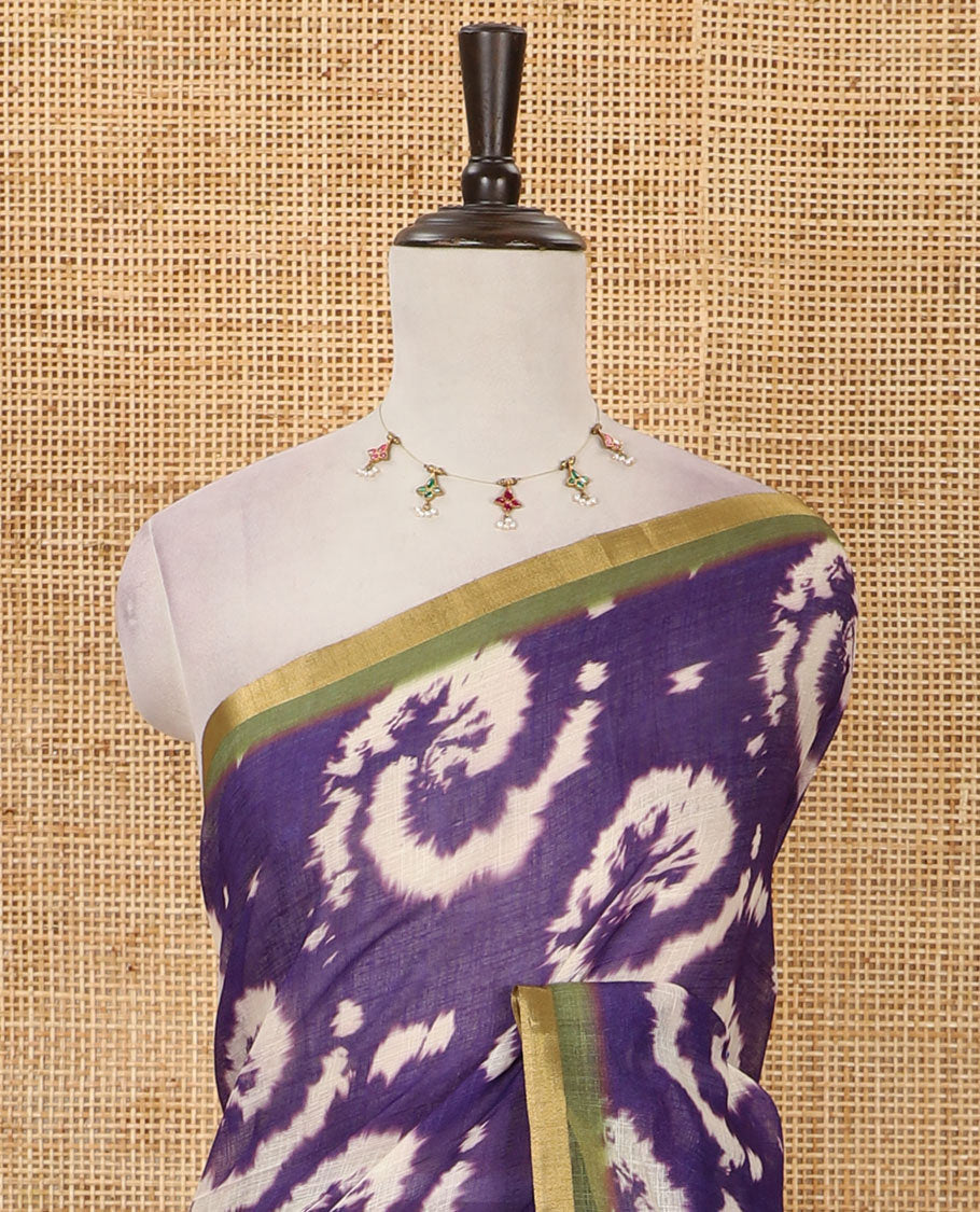 Violet shibori-style printed linen cotton saree, contrast zari piping border, kamlamkari floral printed pallu & contrast printed blouse