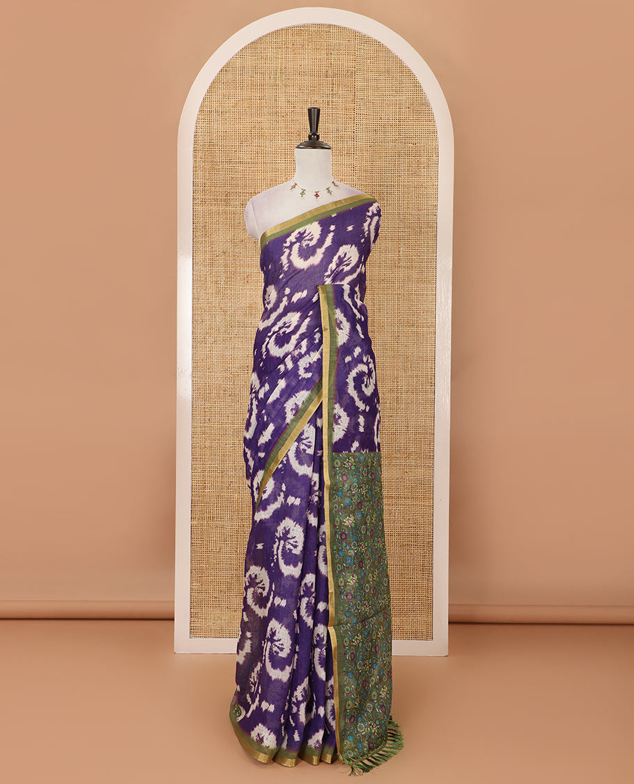Violet shibori-style printed linen cotton saree, contrast zari piping border, kamlamkari floral printed pallu & contrast printed blouse