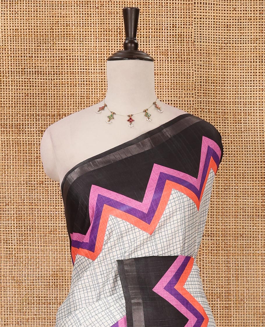 Metallic grey checked katan silk saree, contrast black-pink temple border, multi-color blocked pallu & stripes printed blouse
