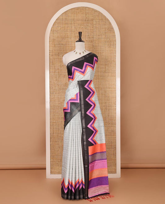 Metallic grey checked katan silk saree, contrast black-pink temple border, multi-color blocked pallu & stripes printed blouse