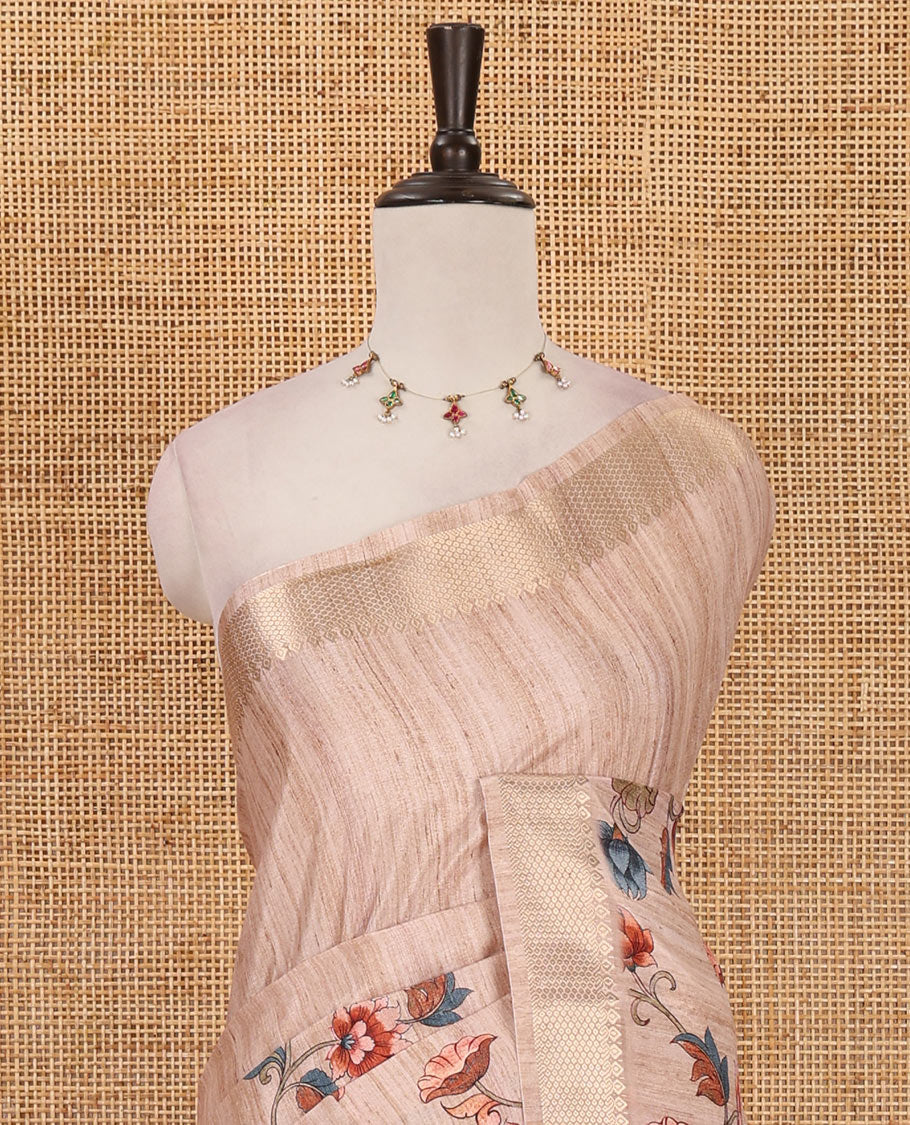 Chikku kalamkari-style floral & peacock printed katan silk saree, traditional zari border, striped pallu & matching blouse