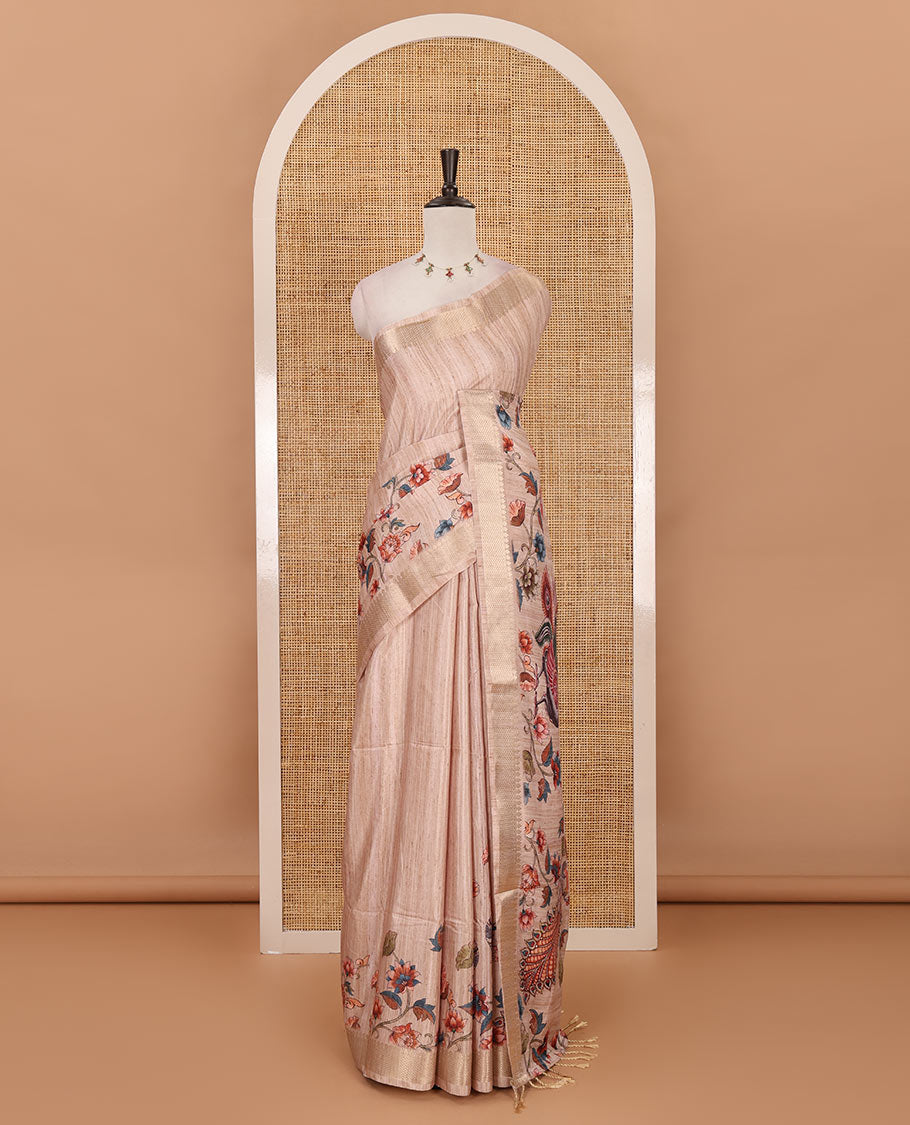 Chikku kalamkari-style floral & peacock printed katan silk saree, traditional zari border, striped pallu & matching blouse