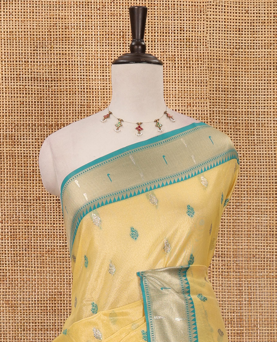 Lemon yellow zari & thread buttas woven tissue silk saree, contrast muniya temple border, paithani-style design pallu & contrast zari buttas blouse