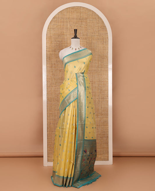 Lemon yellow zari & thread buttas woven tissue silk saree, contrast muniya temple border, paithani-style design pallu & contrast zari buttas blouse