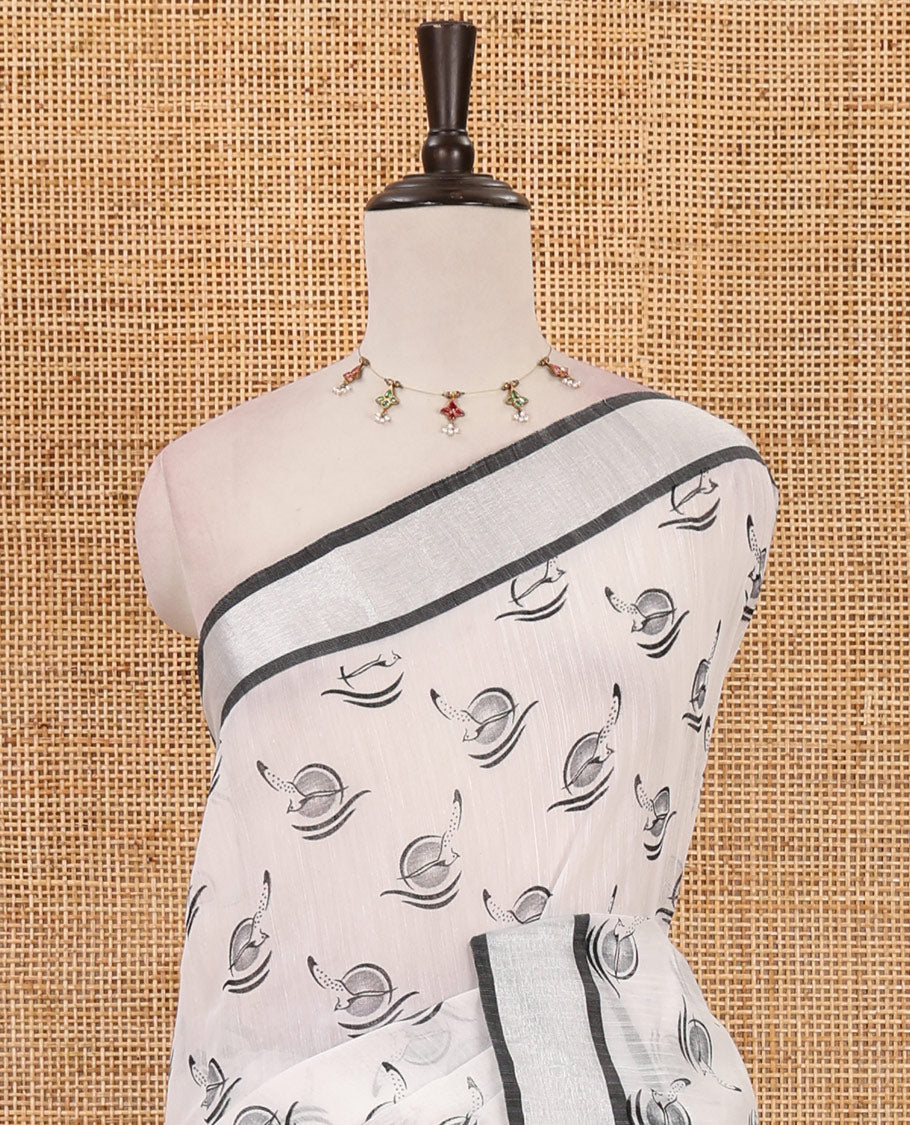 White-black flying bird motifs printed linen saree, silver bavanji border, printed pallu & plain blouse