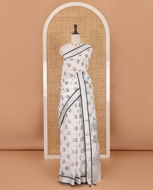White-black flying bird motifs printed linen saree, silver bavanji border, printed pallu & plain blouse