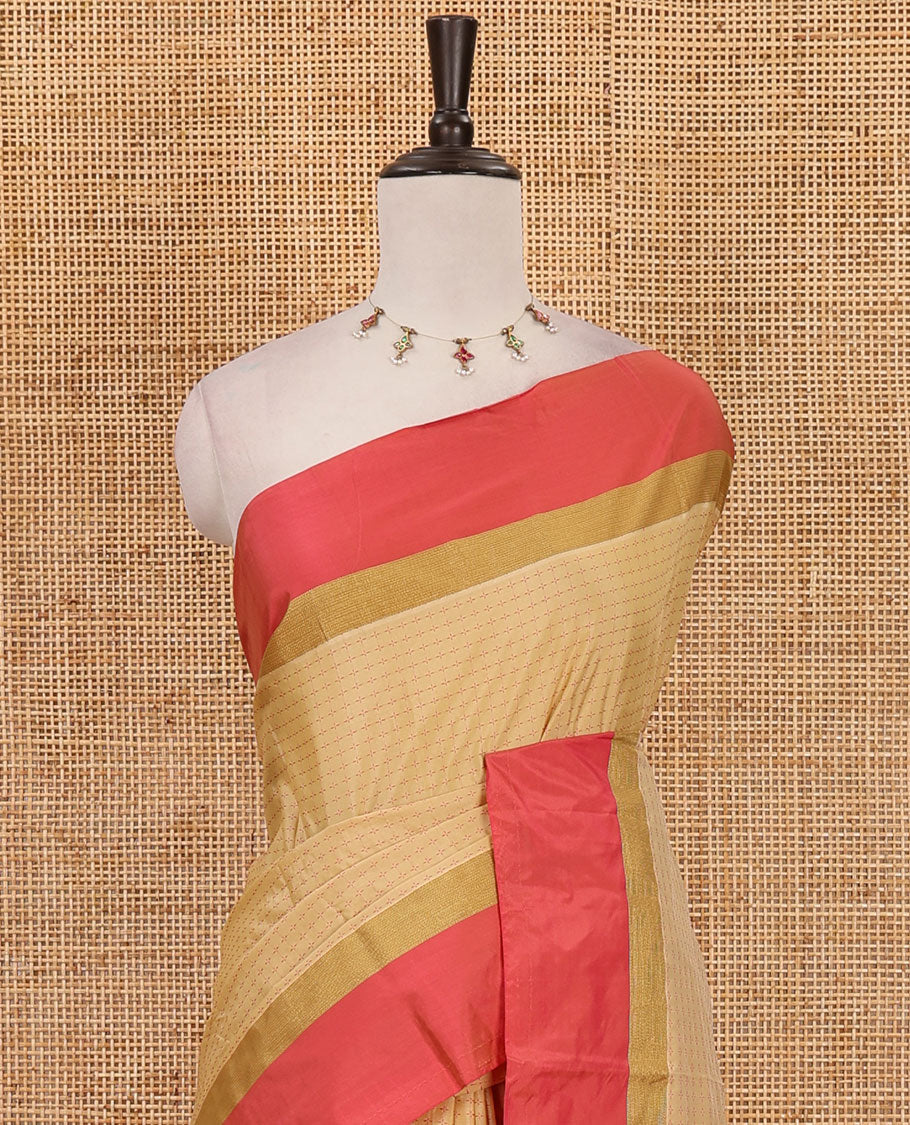 Light Chikku plus thread buttas semi-soft saree, contrast zari satin border, striped pallu & contrast plain blouse