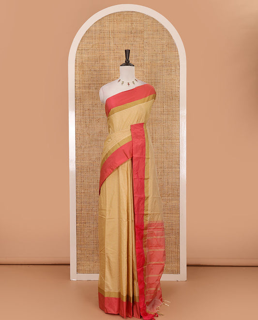 Light Chikku plus thread buttas semi-soft saree, contrast zari satin border, striped pallu & contrast plain blouse