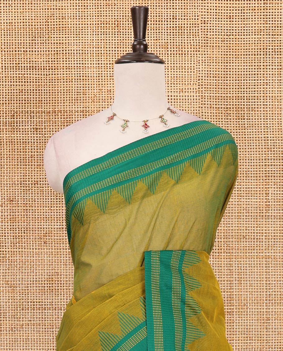 Mehendi green thread buttas Chettinad cotton saree, contrast temple striped thread border, striped pallu & plain blouse