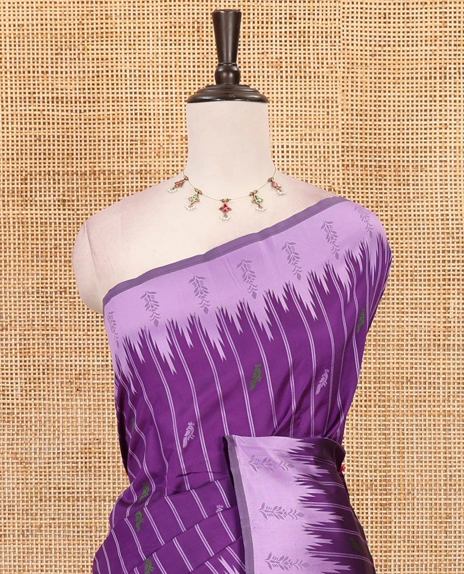 Violet vertical striped & parrot motifs kanchi silk saree, contrast satin temple border, zari-rich jaal pallu & contrast zari design blouse
