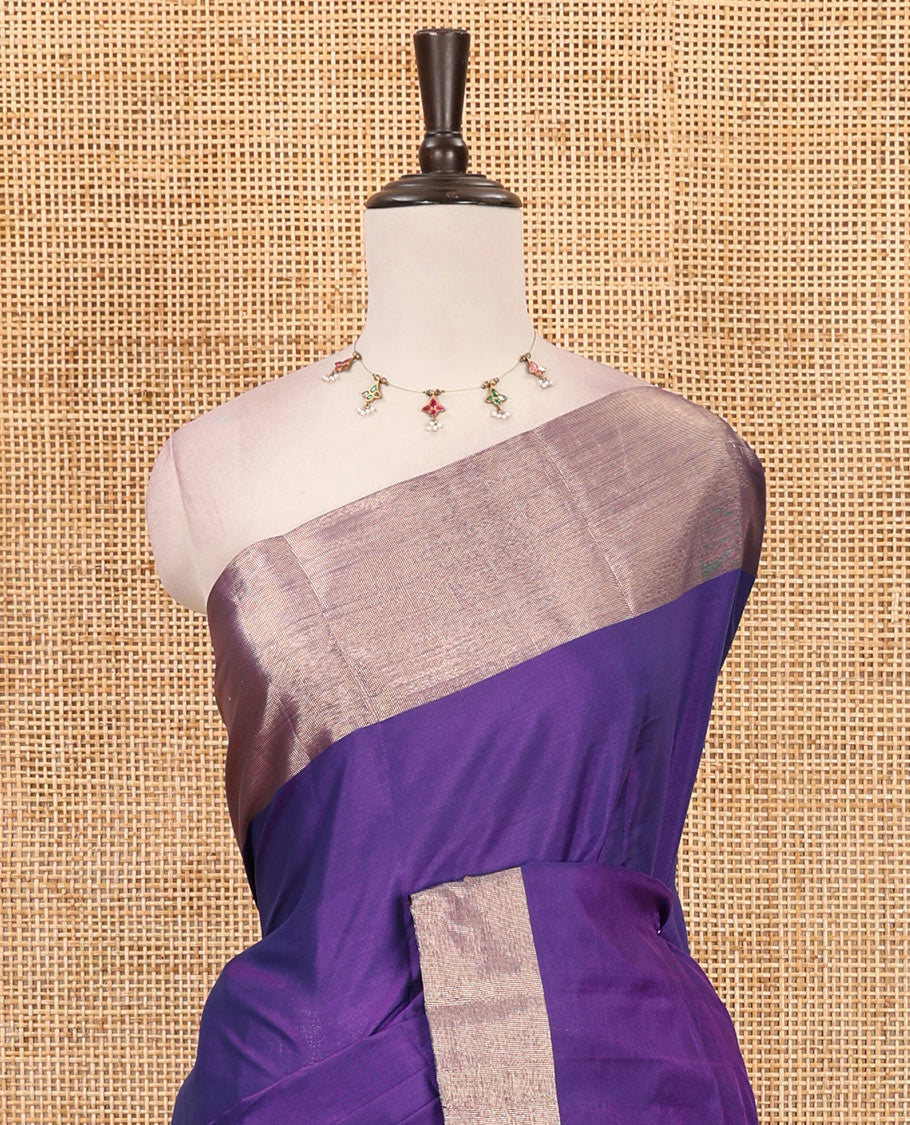 Violet full-plain soft-mercerized cotton saree, zari bavanji border, striped pallu & plain blouse