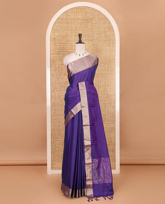 Violet full-plain soft-mercerized cotton saree, zari bavanji border, striped pallu & plain blouse