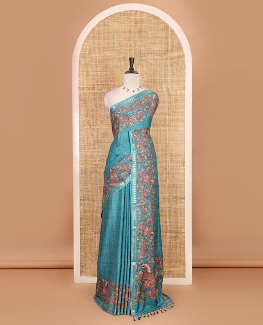 Rama green full-plain katan silk saree, double-side kalamkari floral vine and bird printed temple zari border and matching floral vine printed blouse