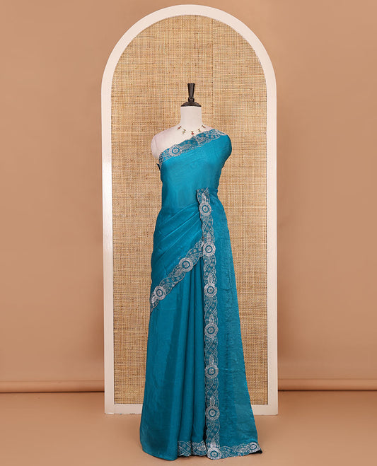 Rama green full-plain fendy chiffon saree, scallop swarovski stone work geometric border and contrast plain blouse