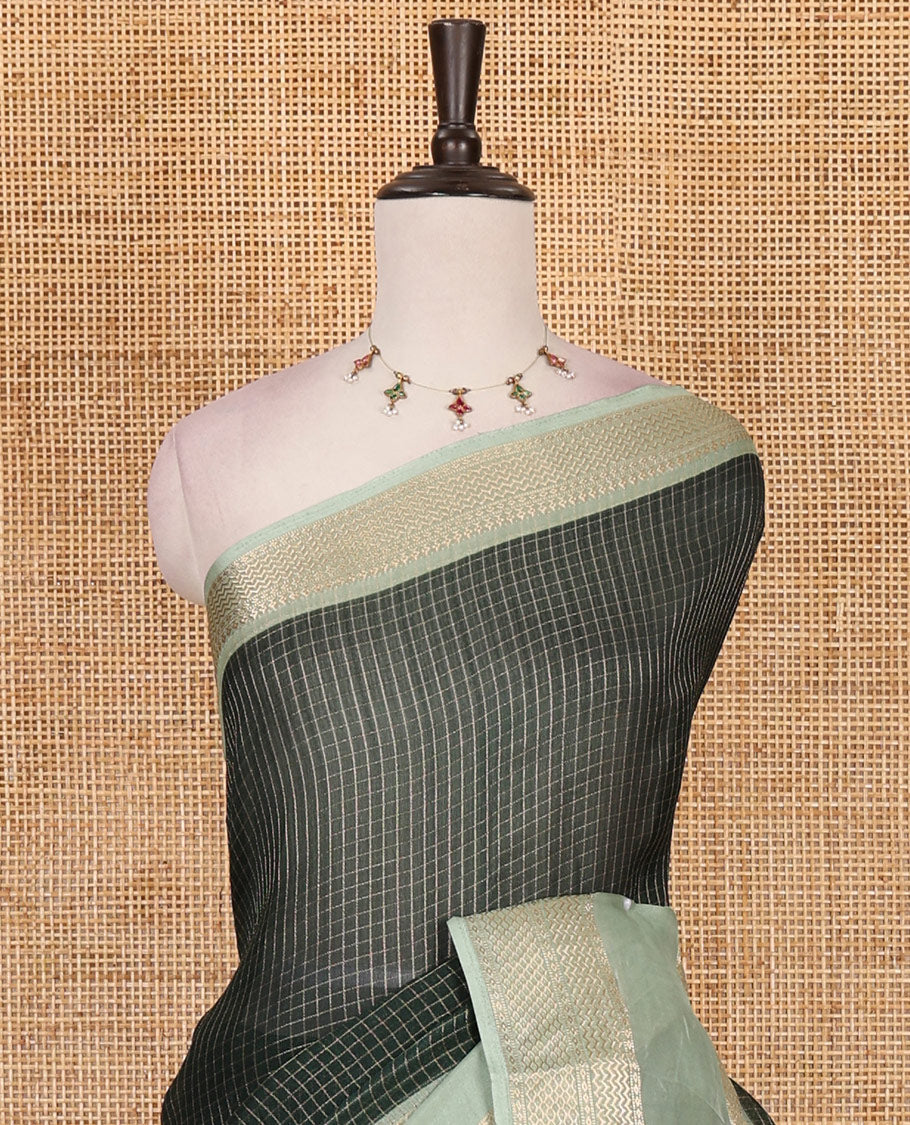Green zari checked moss milan saree, contrast traditional zari rettai pettu border, striped pallu, and contrast blouse