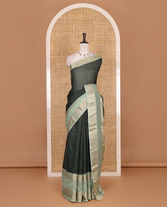 Green zari checked moss milan saree, contrast traditional zari rettai pettu border, striped pallu, and contrast blouse