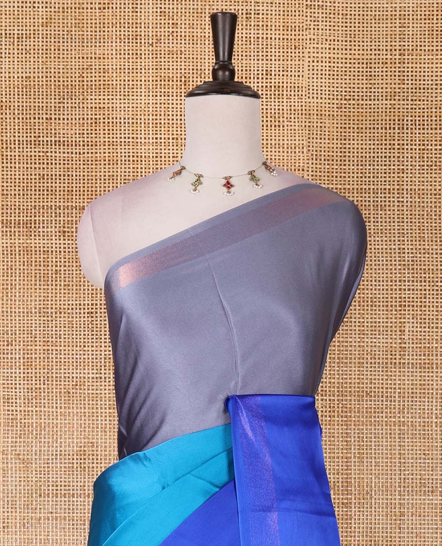 Royal blue ombre full-plain satin crepe saree, copper zari border, and plain blouse