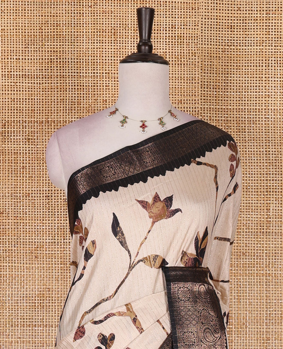 Chikku golden zari stripes, and floral vine printed dola silk saree, contrast traditional temple zari border, and floral printed pallu