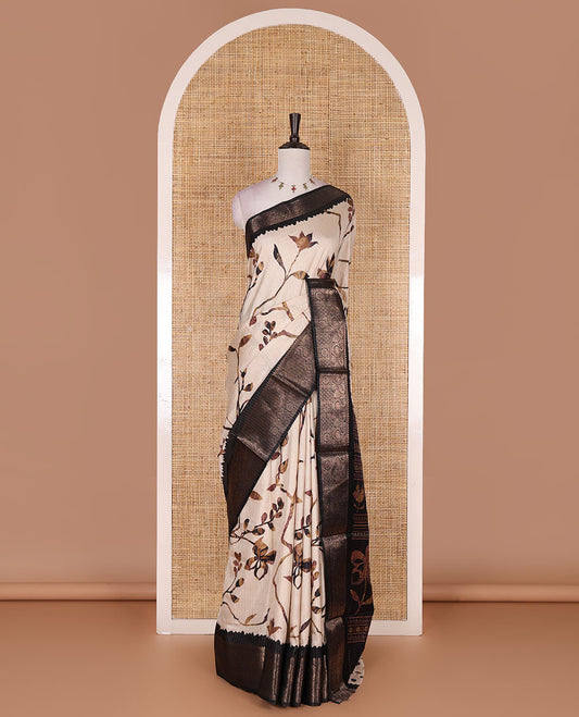 Chikku golden zari stripes, and floral vine printed dola silk saree, contrast traditional temple zari border, and floral printed pallu