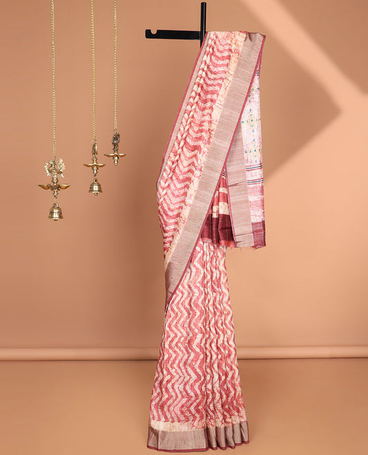 Pink all-over zig zag pathik printed semi tussar saree with bawanchi border & printed pallu along with plain blouse