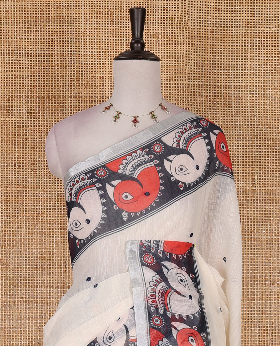 Cream mirror thread embroidered linen saree, contrast kalamkari peacock printed border, pallu of kalamkari peacock and human figurines print, and printed blouse