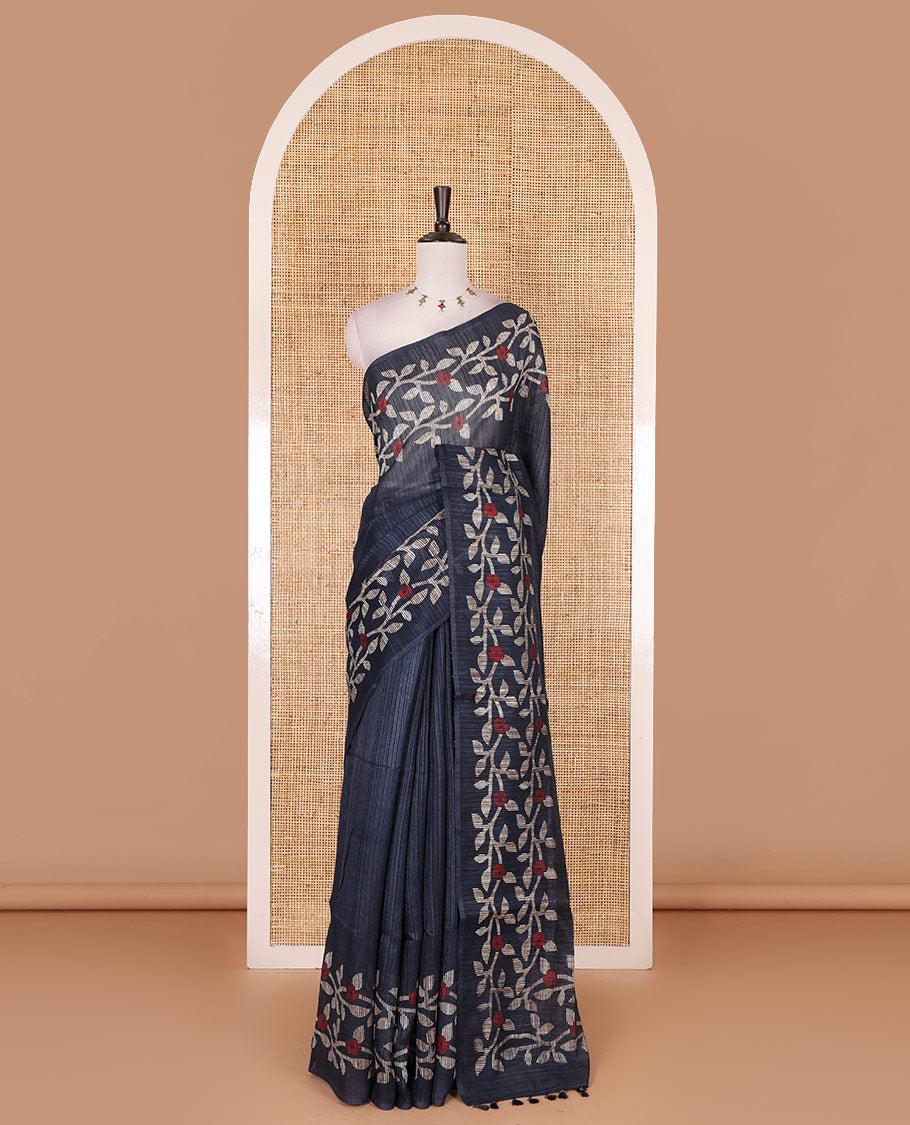 Elephant grey jamdani style floral vine design semi-jute silk saree, floral vine printed border, pallu, and blouse of small buttas print