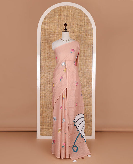 Borderless peach umbrella motifs printed linen cotton saree, self-pallu of big umbrella motifs and contrast blouse