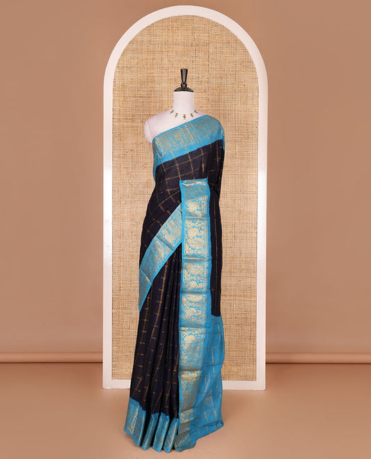 Navy blue and sky blue zari checked Sungudi cotton saree, contrast peacock motifs zari border, checked pallu, and contrast checked blouse