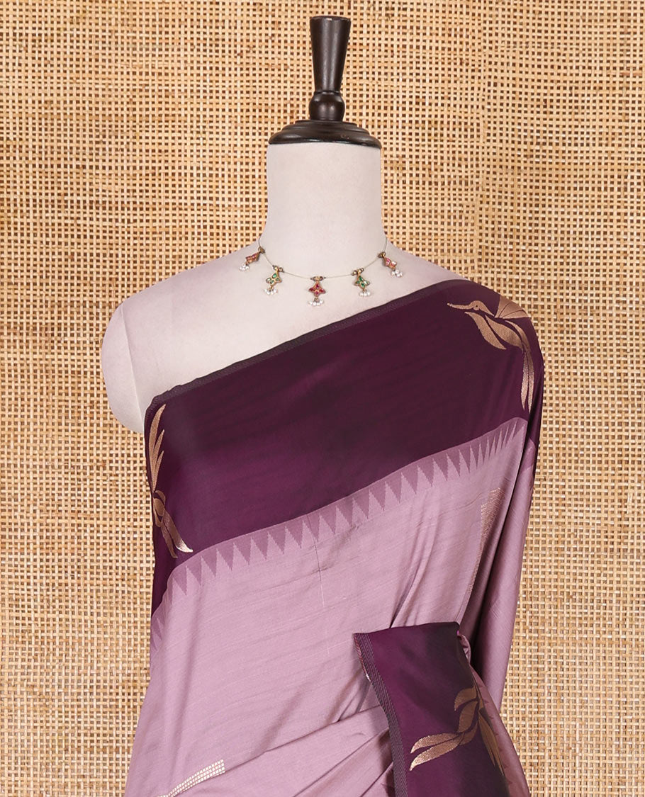 Light purple hummingbird zari buttas Mulberry silk saree, contrast hummingbird motifs temple border, intricate pallu, and contrast zari design blouse
