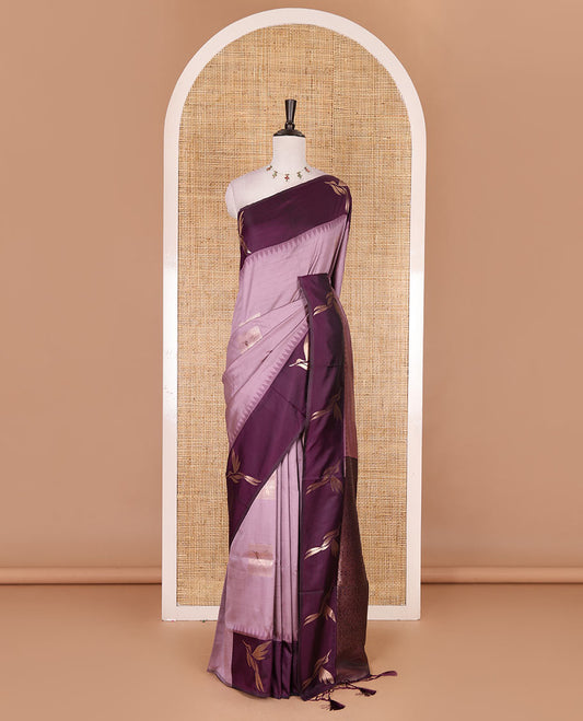 Light purple hummingbird zari buttas Mulberry silk saree, contrast hummingbird motifs temple border, intricate pallu, and contrast zari design blouse