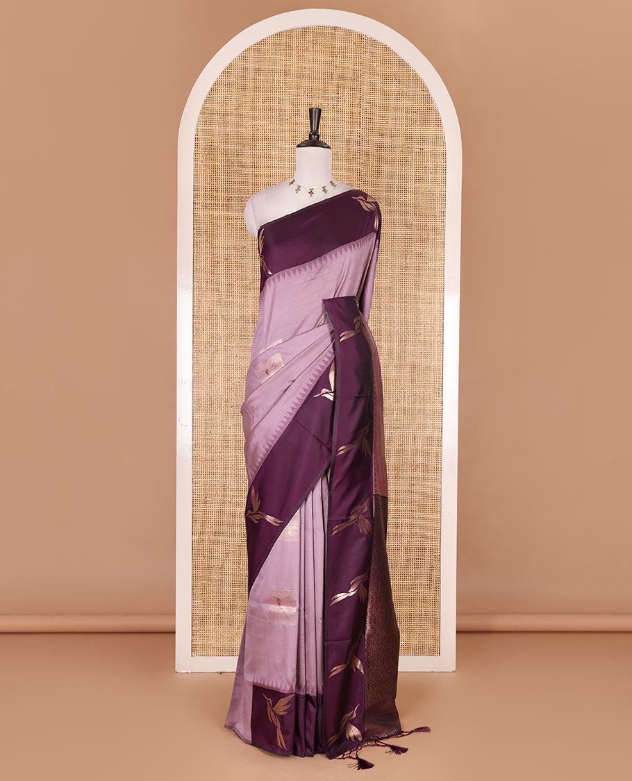 Light purple hummingbird zari buttas Mulberry silk saree, contrast hummingbird motifs temple border, intricate pallu, and contrast zari design blouse