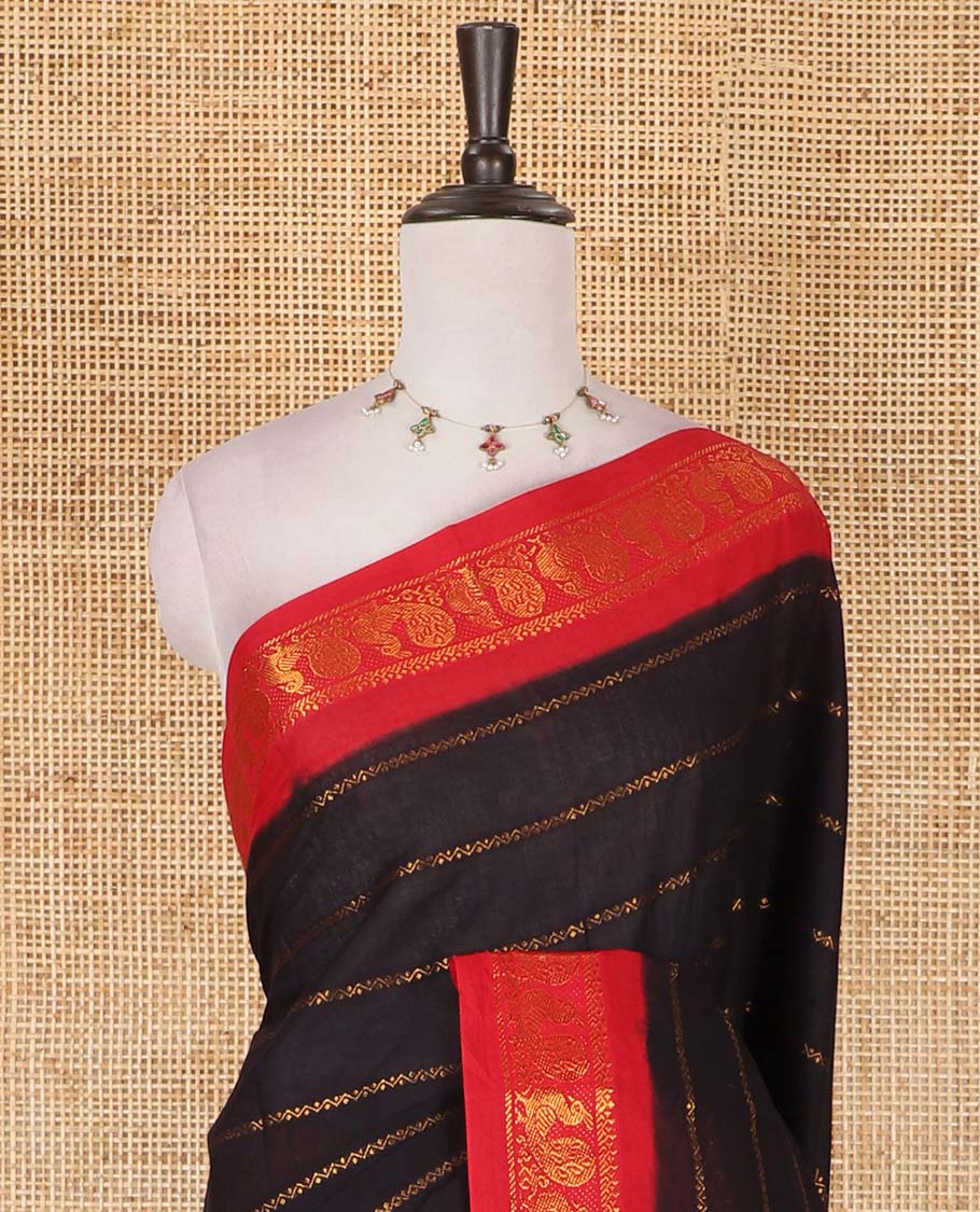 Black and red veldhari zari striped Sungudi cotton saree, contrast peacock zari motif border, zari striped pallu, and contrast zari design blouse