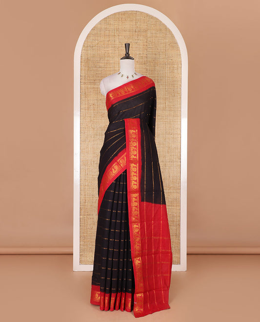 Black and red veldhari zari striped Sungudi cotton saree, contrast peacock zari motif border, zari striped pallu, and contrast zari design blouse