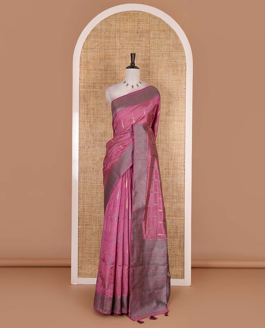 Pink buttas woven semi-tussar saree, zari border, geometric patterned pallu, and a matching blouse