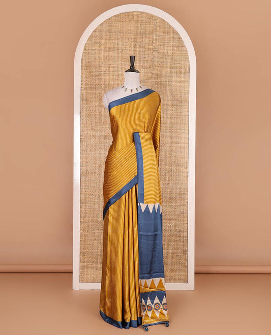 Mustard vertical striped gaji silk saree, contrast plain border, ajrakh printed pallu and contrast plain blouse