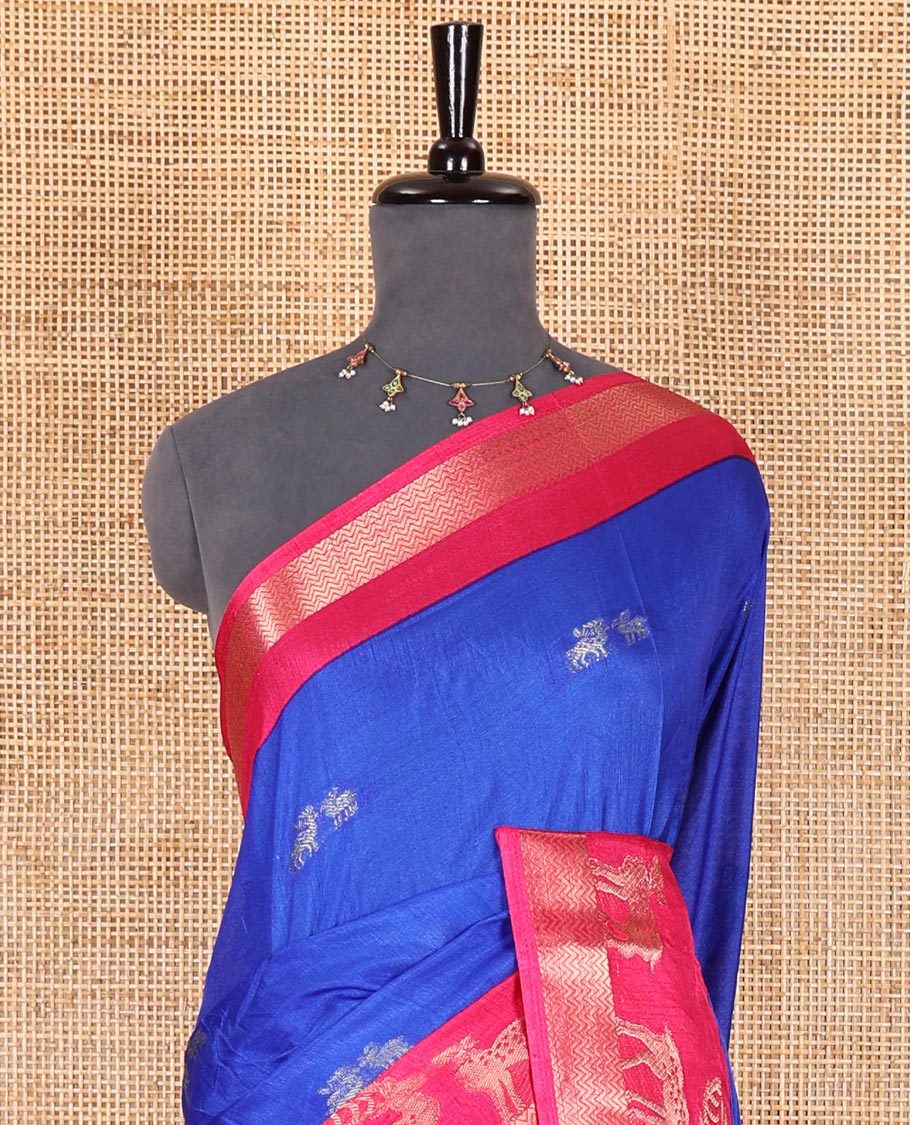 Royal blue deer copper zari buttas dola silk saree, contrast chevron and deer motifs zari border, deer motifs pallu, and contrast deer motifs blouse