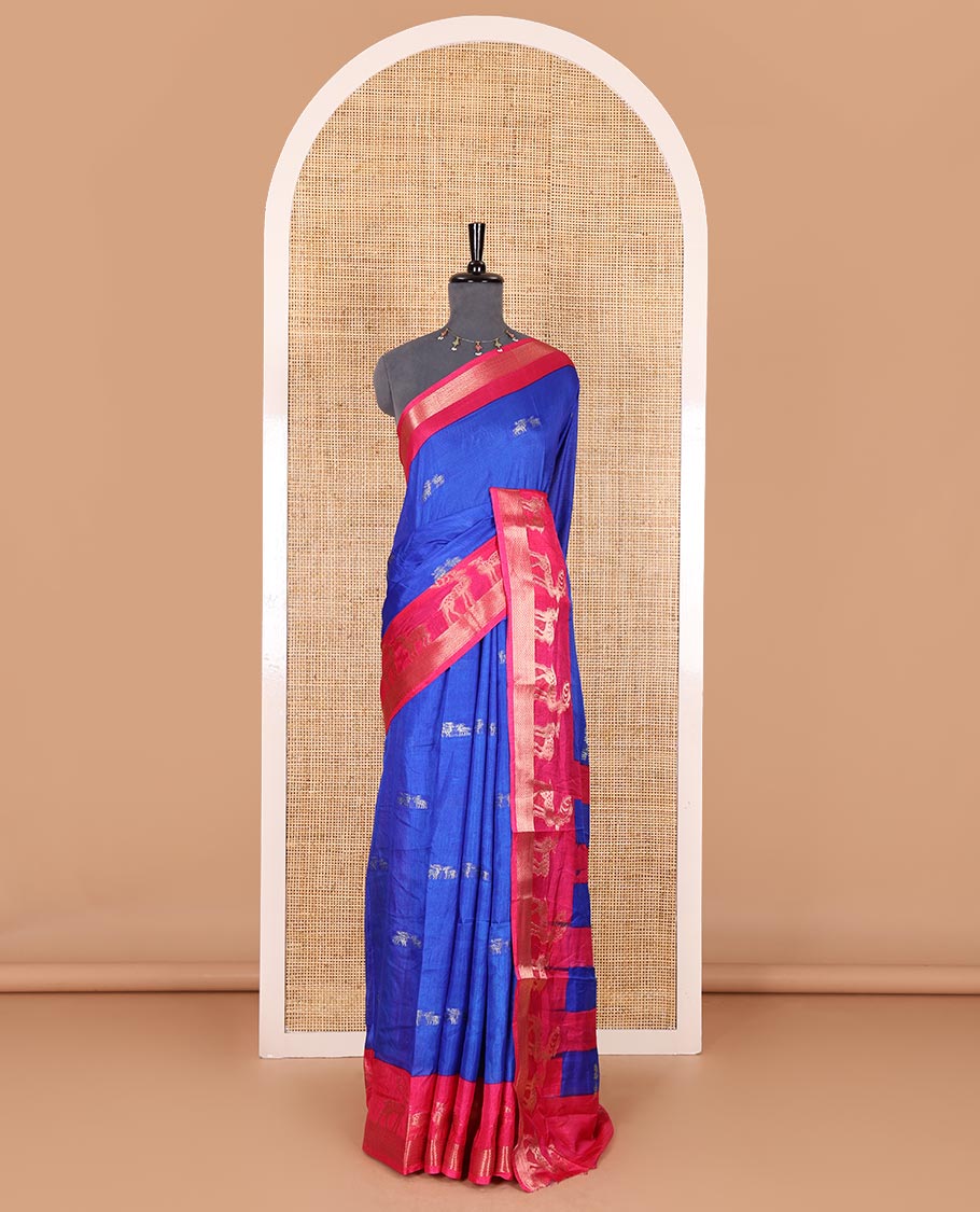 Royal blue deer copper zari buttas dola silk saree, contrast chevron and deer motifs zari border, deer motifs pallu, and contrast deer motifs blouse