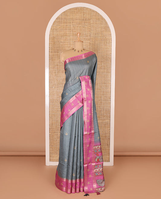 Grey micro-checked and swan motifs katan silk saree, contrast traditional zari border of swan motifs, printed pallu, and contrast buttas blouse