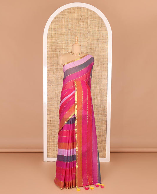 Wine rainbow-style striped Khadi mul cotton saree with piping zari border, and a matching zari striped blouse