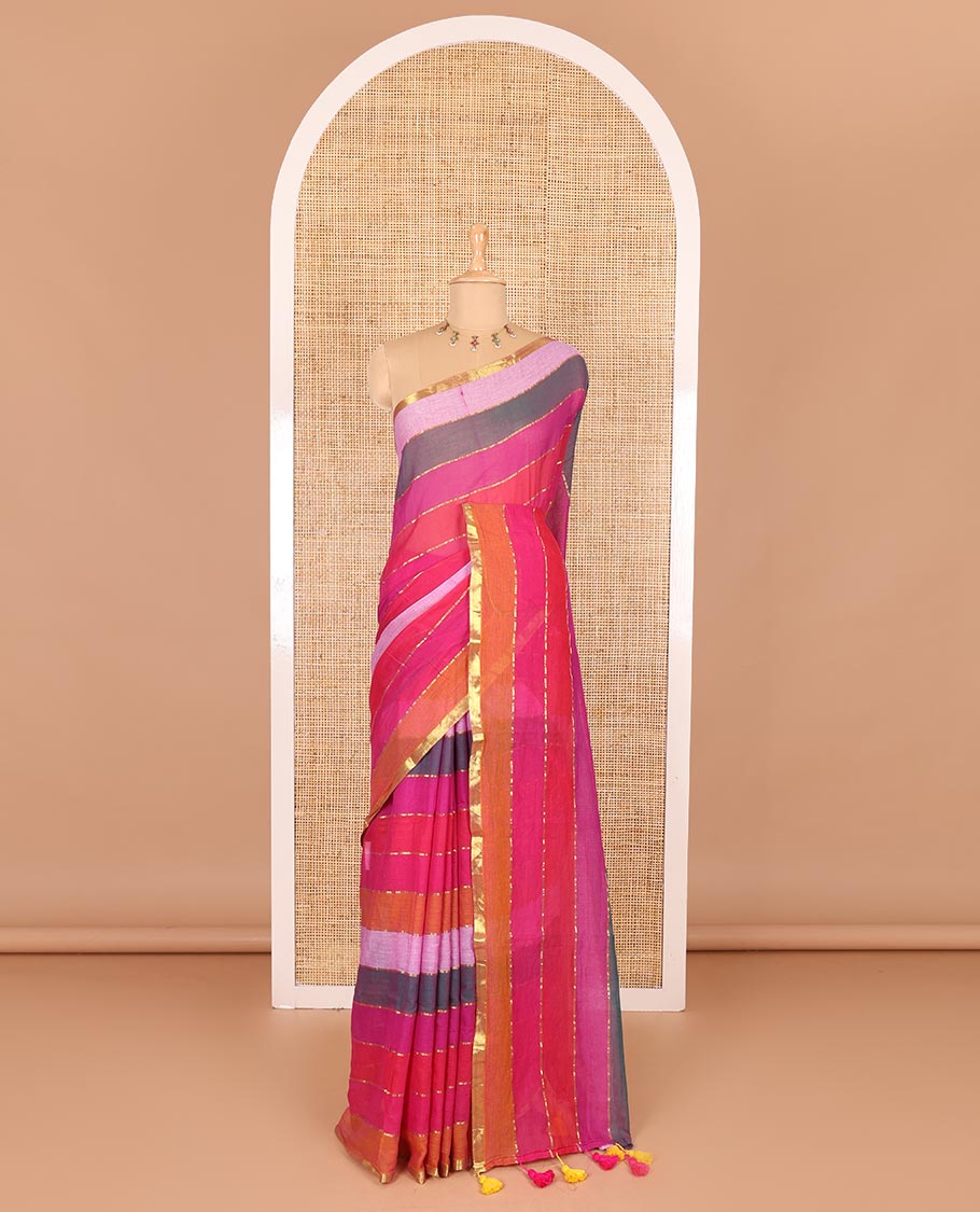 Wine rainbow-style striped Khadi mul cotton saree with piping zari border, and a matching zari striped blouse