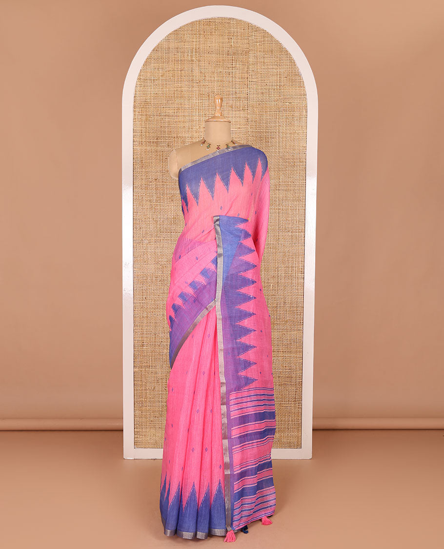 Pink small thread buttas linen cotton saree, contrast temple zari piping border, striped pallu and a contrast blouse