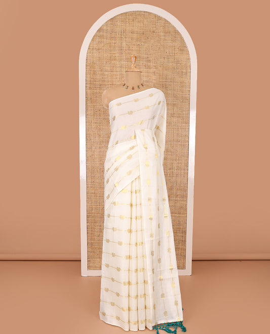 Borderless cream-ramar blue peacock and horizontal zari striped Kerala cotton saree, self-pallu with tassels, and a matching blouse