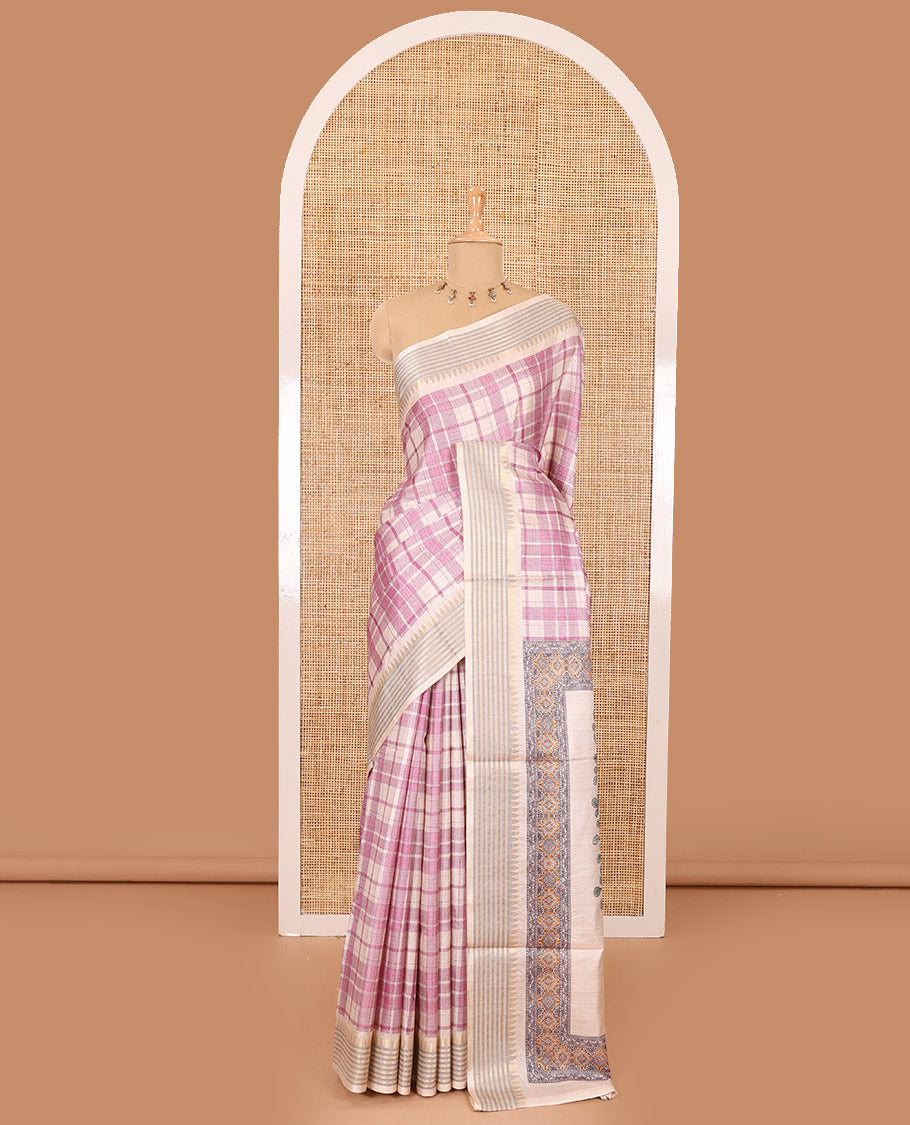 Magenta checked patterned semi-tussar saree with contrast temple striped border, Madhubani printed pallu, and a contrast printed blouse