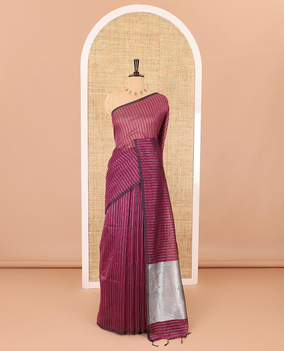 Borderless purple zari vertically striped khadi mul cotton saree, gleaming zari pallu and a matching blouse