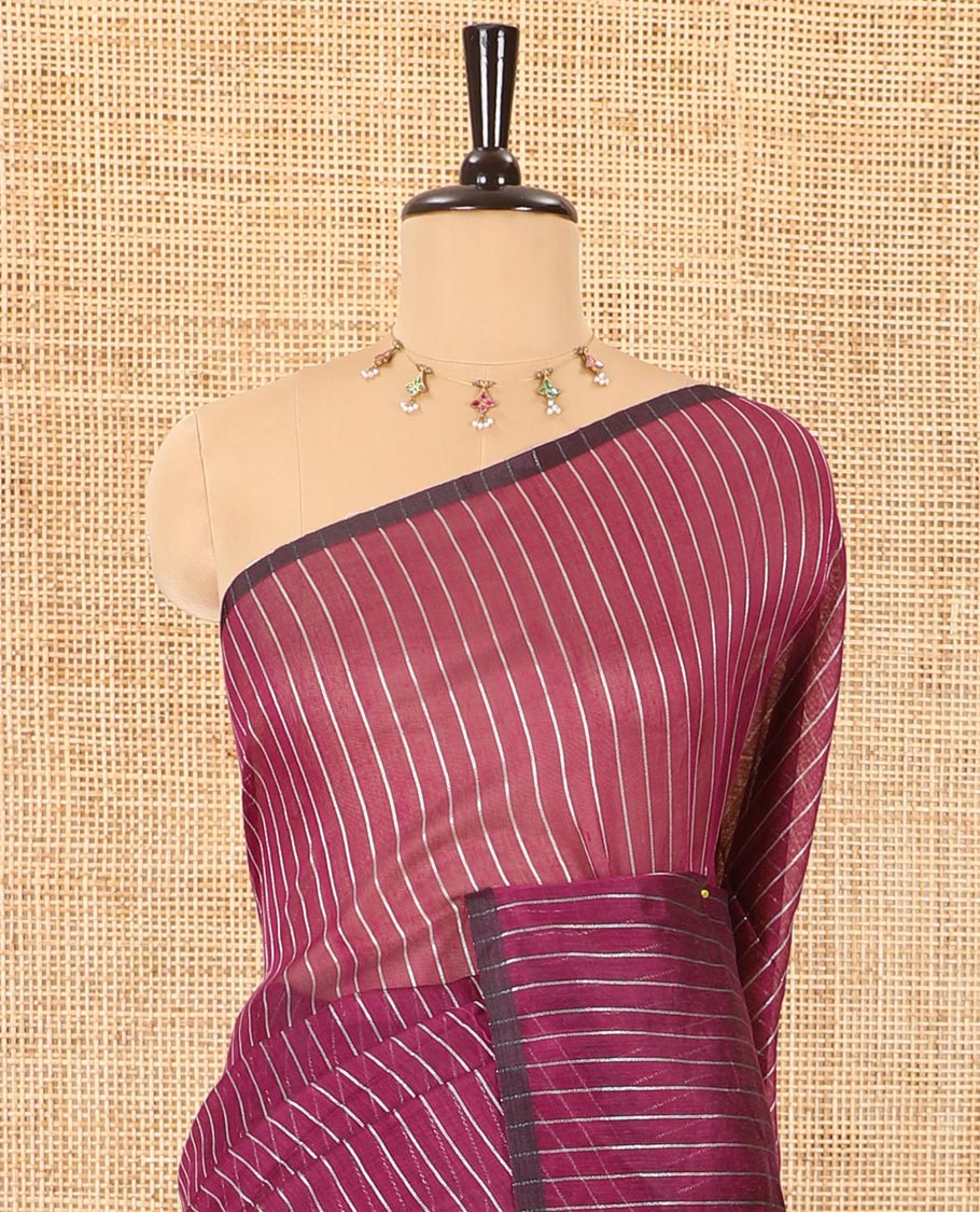 Borderless purple zari vertically striped khadi mul cotton saree, gleaming zari pallu and a matching blouse