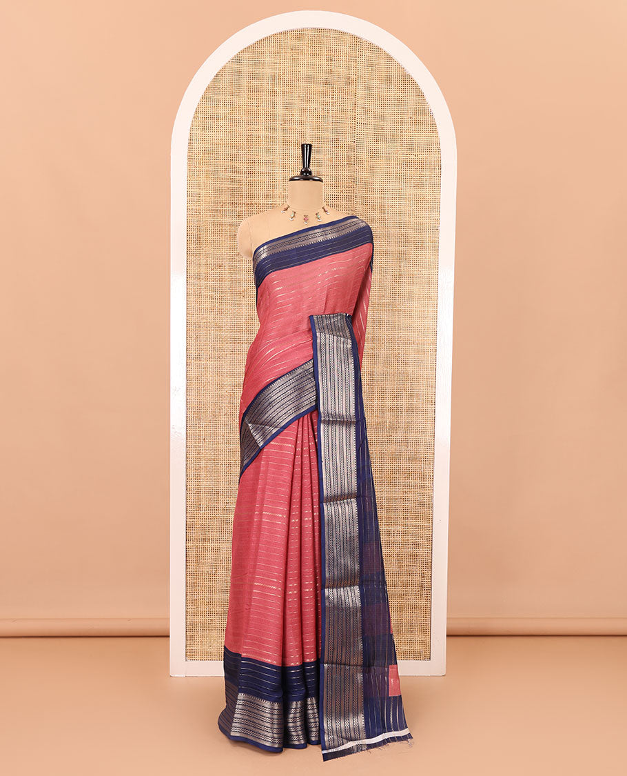 Onion pink horizontal zari striped moss chiffon saree, contrast traditional zari border, striped pallu, and a contrast zari design blouse
